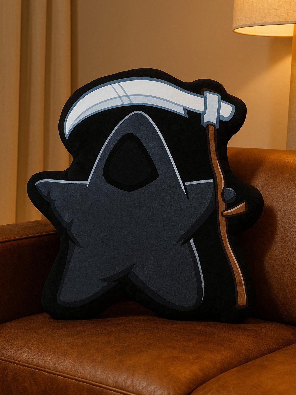 Ein sternförmiges Kissen mit einem Sensenmann-Design, das auf einem braunen Ledersofa liegt. Im Hintergrund leuchtet eine Lampe.
