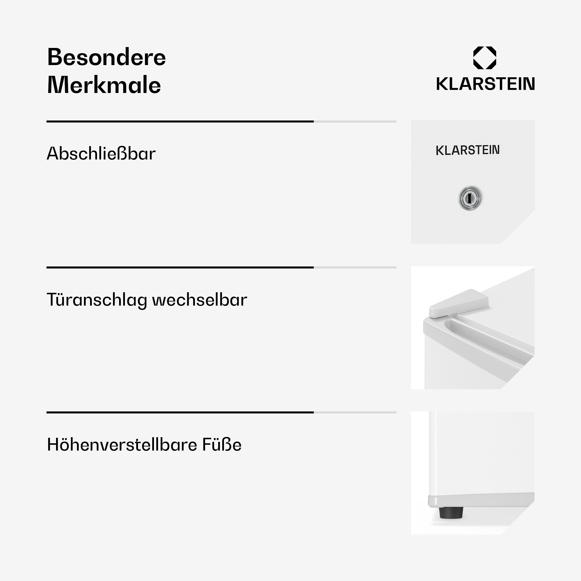 Das Bild zeigt Produktmerkmale: abschließbar, wechselbarer Türanschlag, verstellbare Füße. Weißer Hintergrund mit Produktdetails.