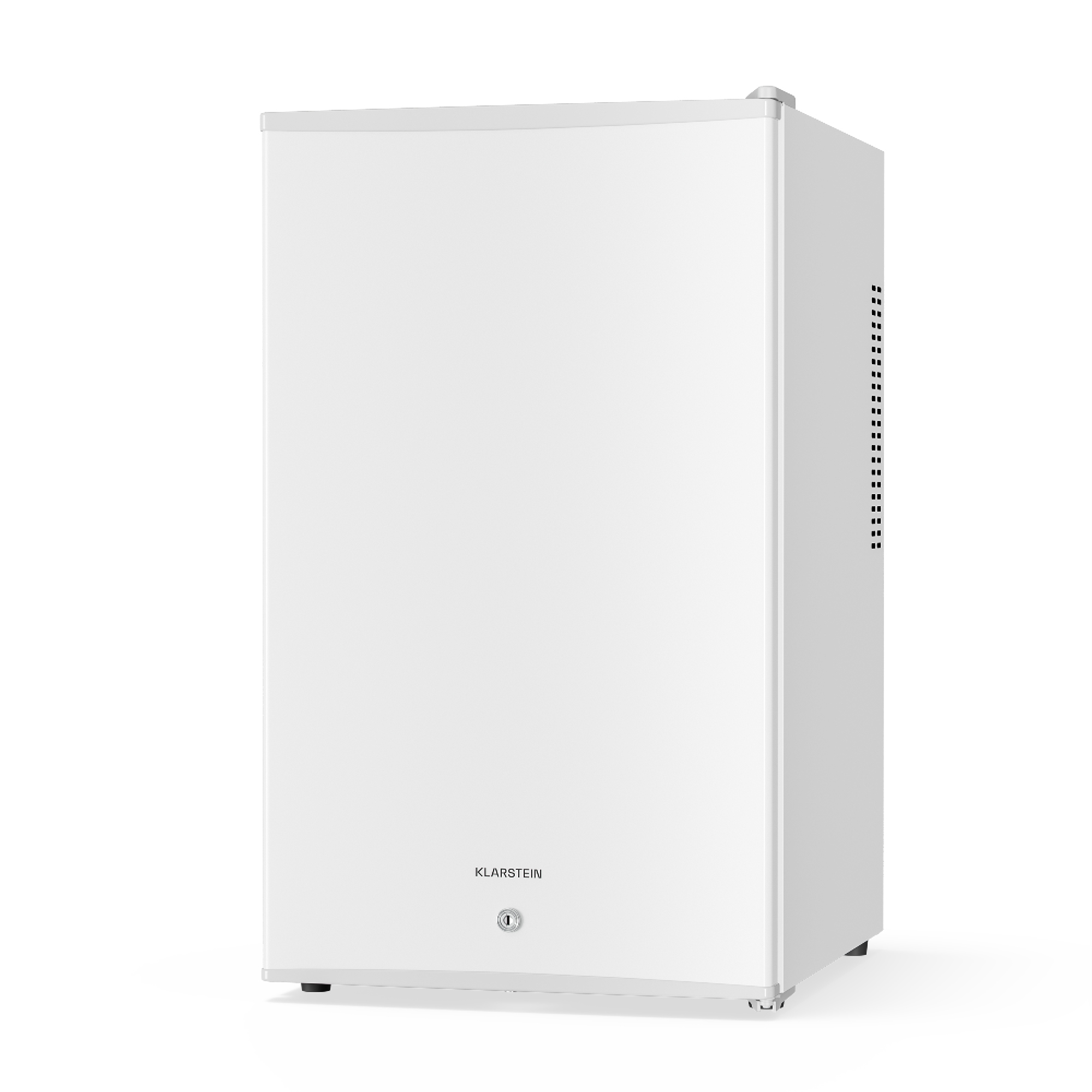 Un mini-frigorifero Klarstein bianco. Ha una maniglia, una serratura e ventilazione laterale. Lo sfondo è bianco.