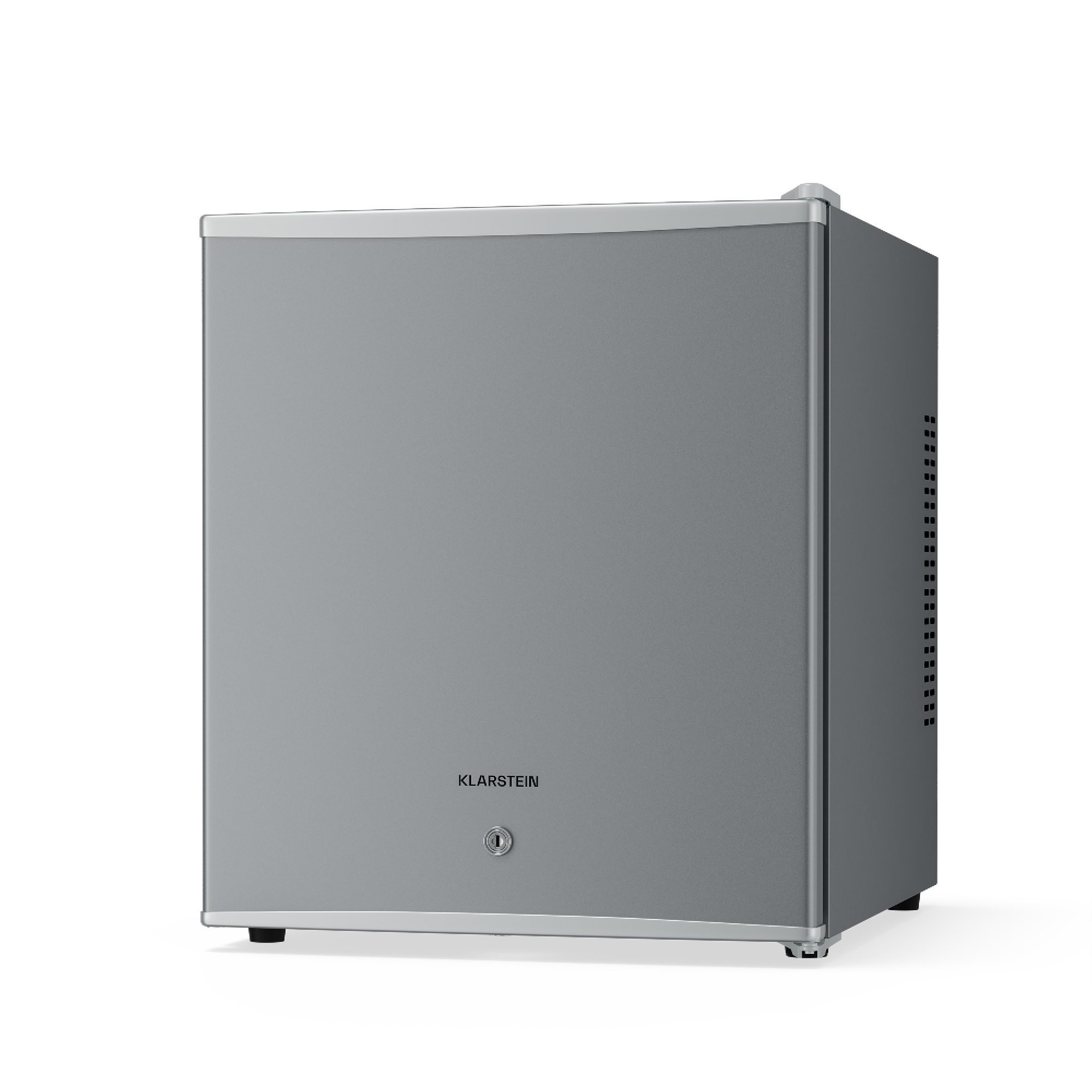 Un mini-frigo grigio con il marchio 'Klarstein'. Ha una serratura, una maniglia e poggia su quattro piedini neri.