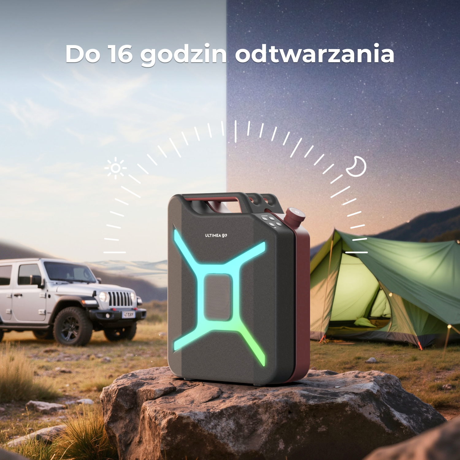 Głośnik ze światłem, samochodem, namiotem. Scena podzielona na dzień i noc. Tekst: Do 16 godzin odtwarzania.