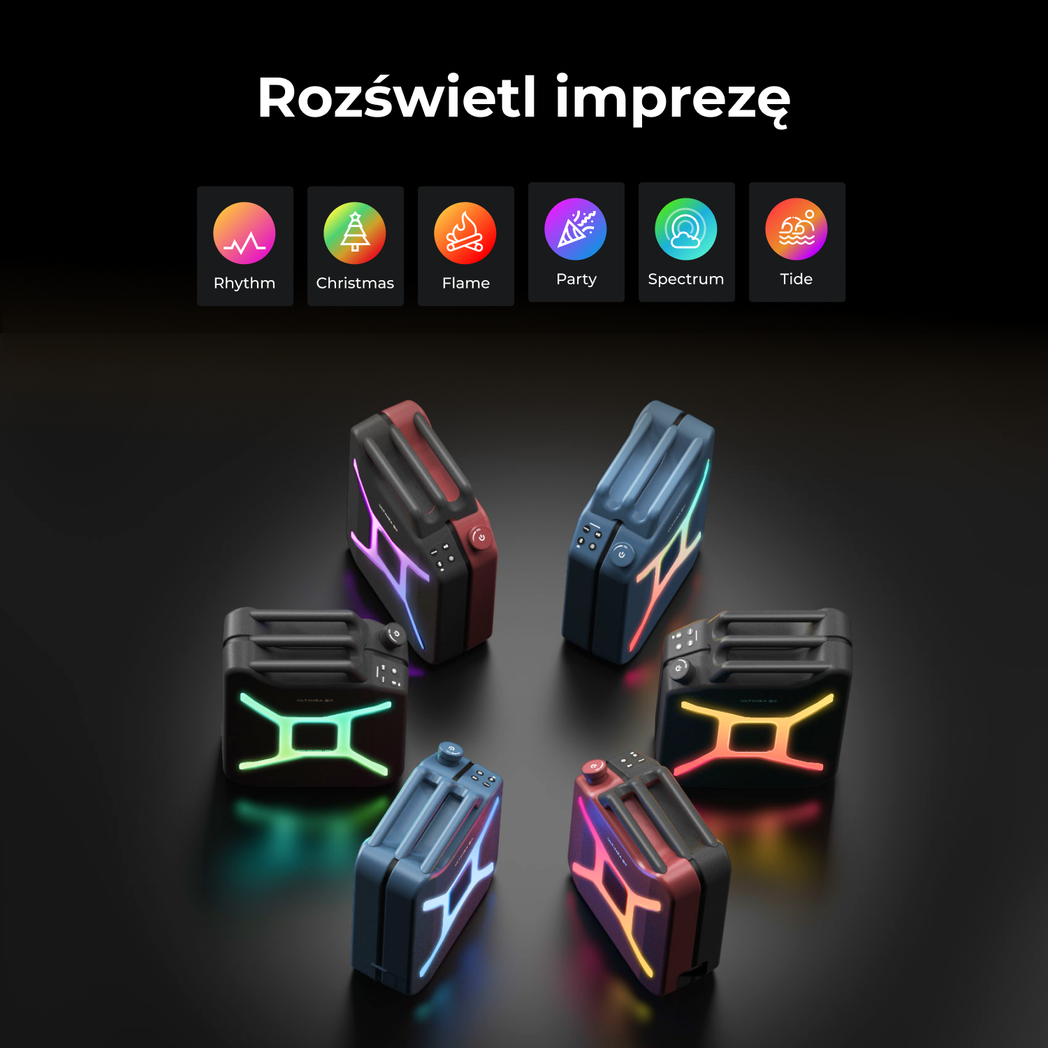 Sześć kolorowych, podświetlonych głośników ułożonych w okrąg. U góry tekst: 'Rozswietl imprezę'. Ikony różnych trybów są u góry.