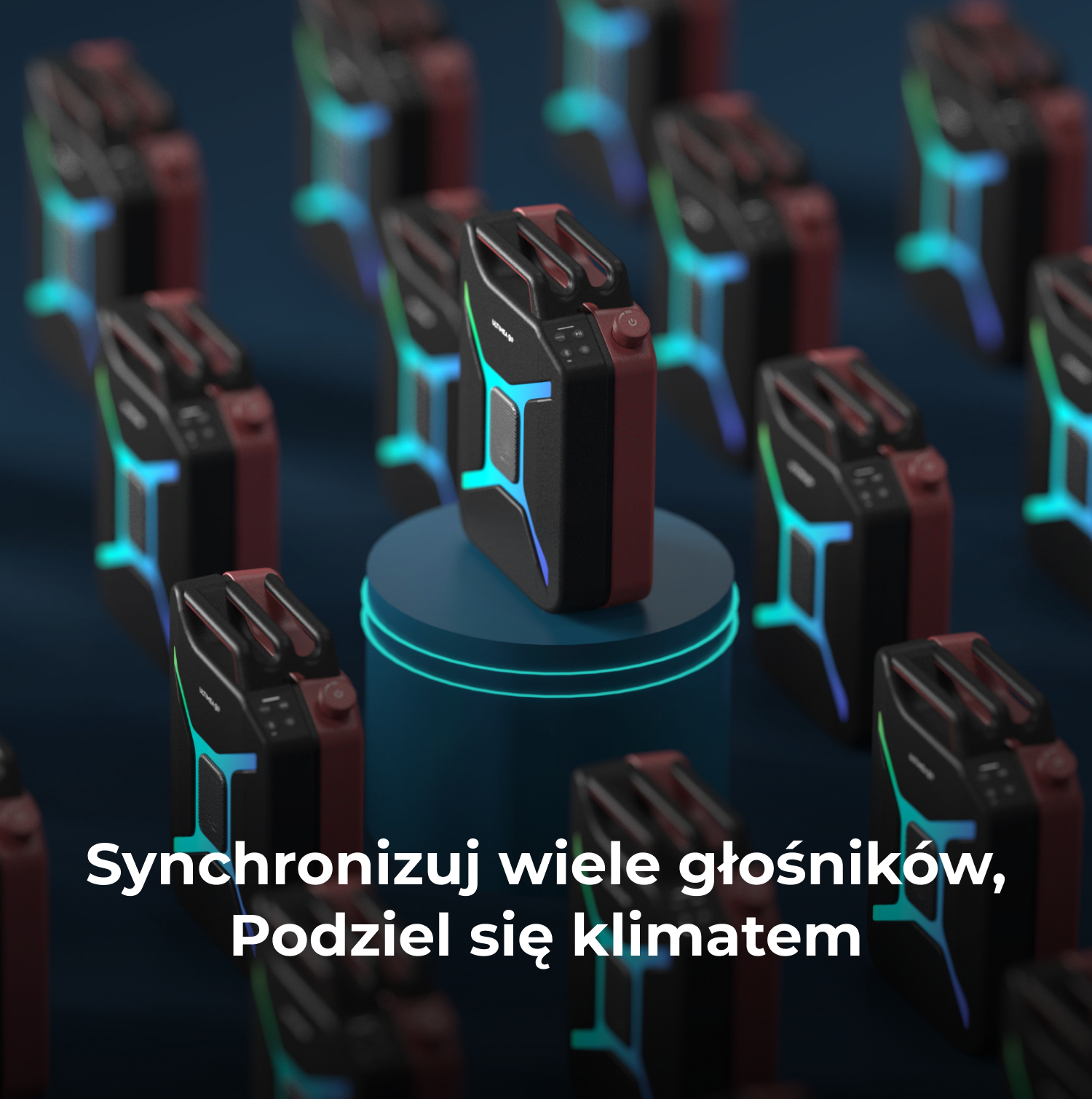 Czarne i czerwone głośniki z niebieskimi i zielonymi światłami rozmieszczone na ciemnoniebieskiej powierzchni. Jeden stoi na niebieskim stojaku.