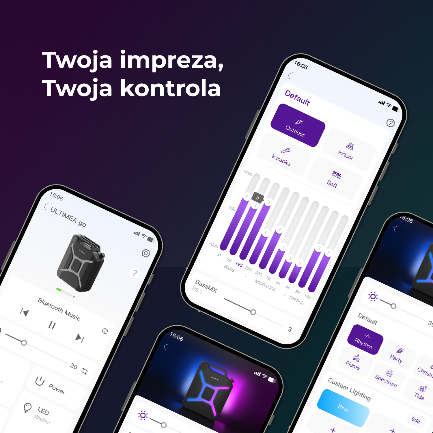 Trzy smartfony wyświetlają interfejs aplikacji. Widoczne są elementy sterowania muzyką, oświetleniem i ustawieniami dźwięku.