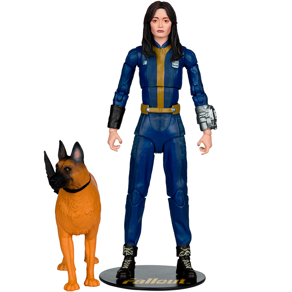 Una action figure di Fallout di una donna in tuta blu con un cane. La donna è in piedi accanto al cane su una base nera.