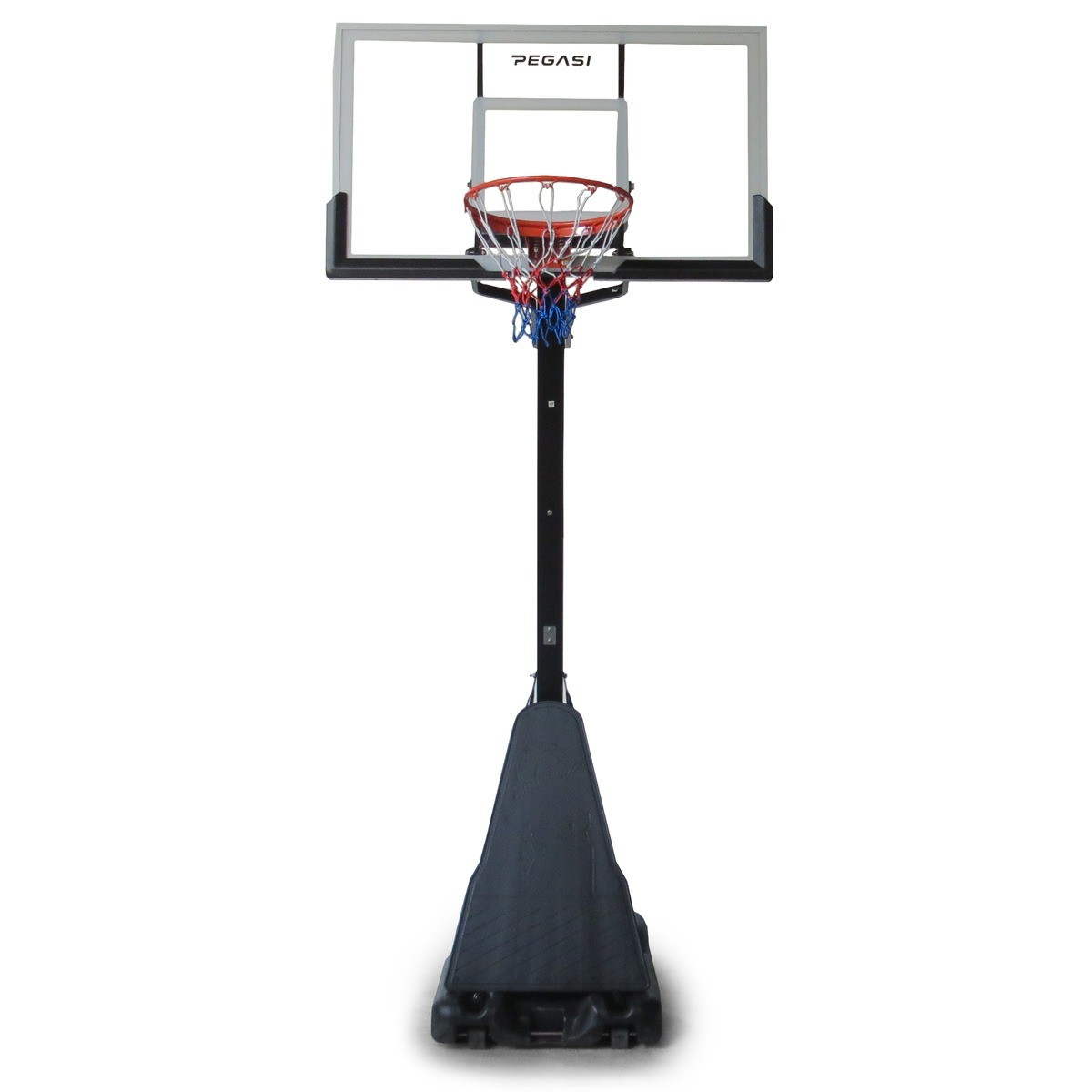 A basketball hoop stands on a white background. It has a black pole, a backboard with the brand name, and a net.