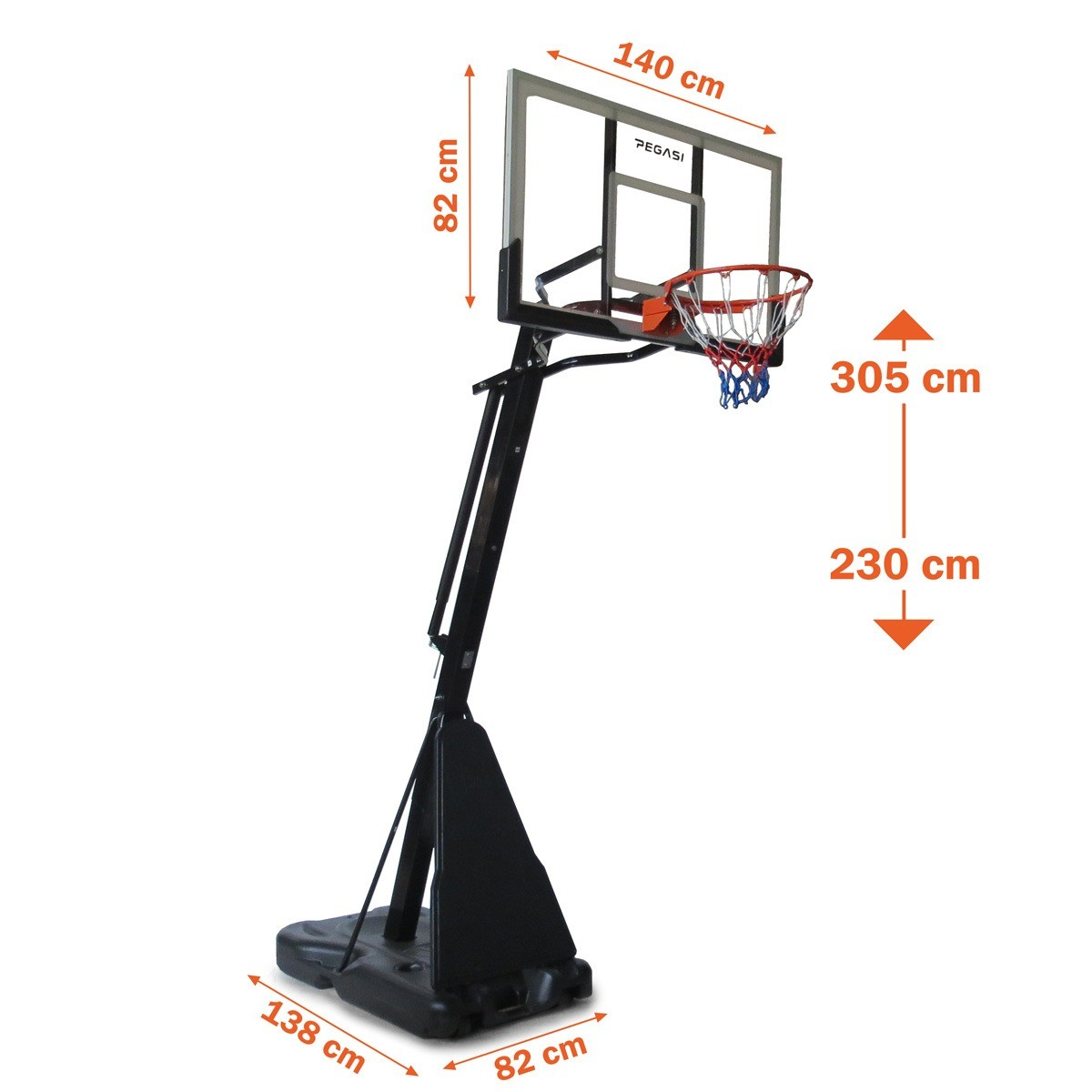 A basketball hoop on a black stand. Measurements of the backboard and the height are indicated with arrows and numbers.