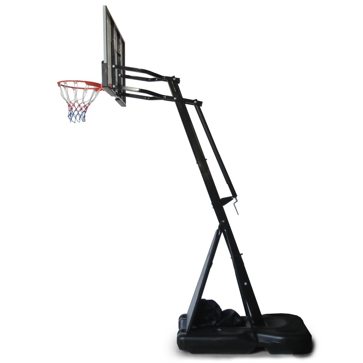 A basketball hoop stands on a white background. It has a black frame, a red, white, and blue net, and a black base.
