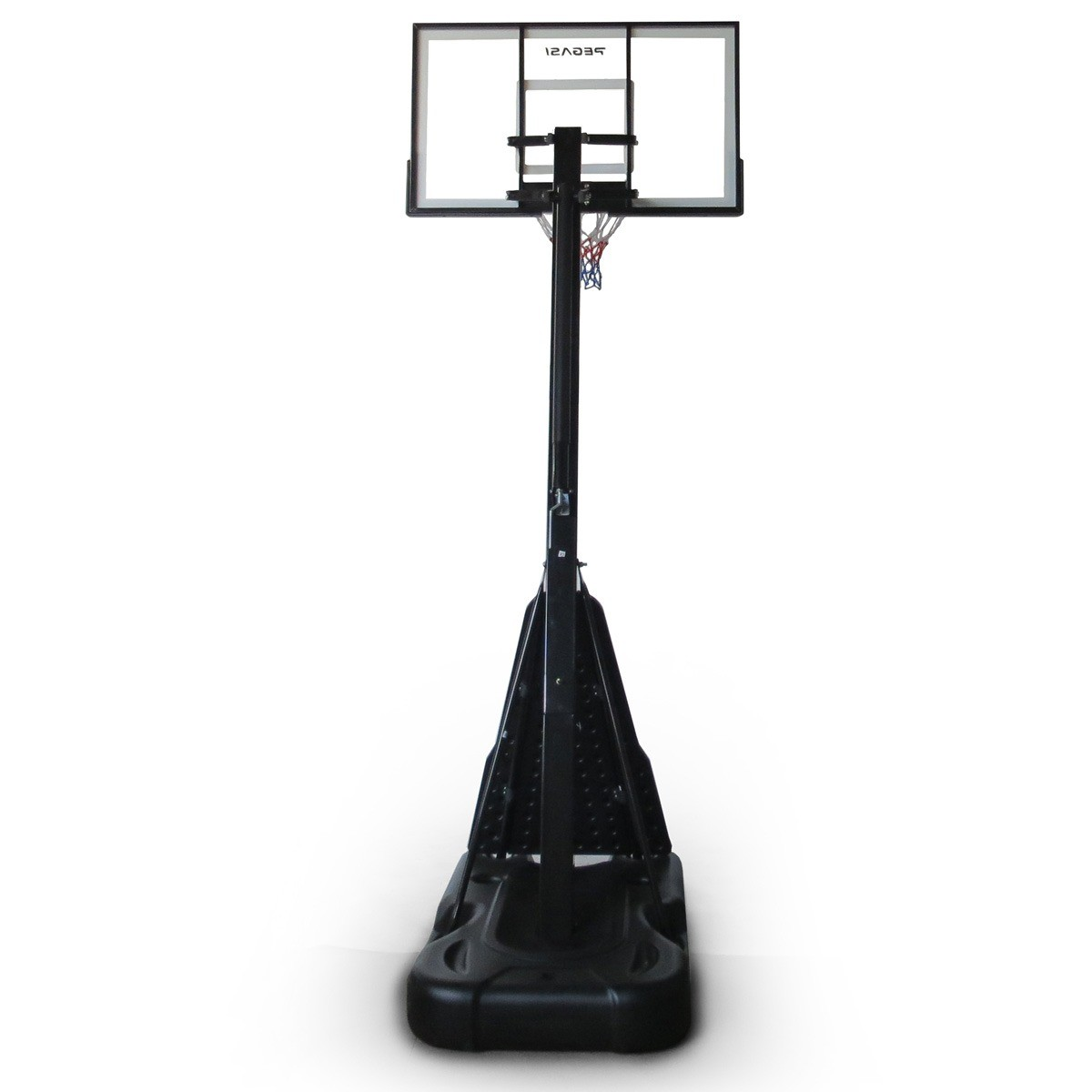 A black basketball hoop stands on a white background. The hoop has a clear backboard, a net, and a black pole on a black base.