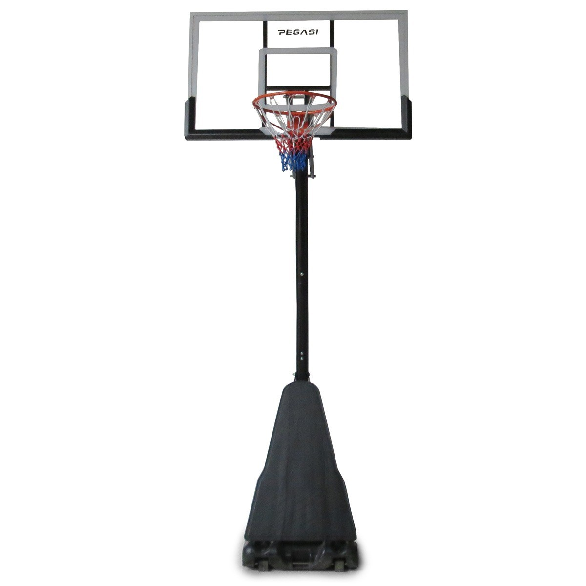 A basketball hoop stands on a white background. It has a black pole, a backboard, and a net. The brand name is visible.
