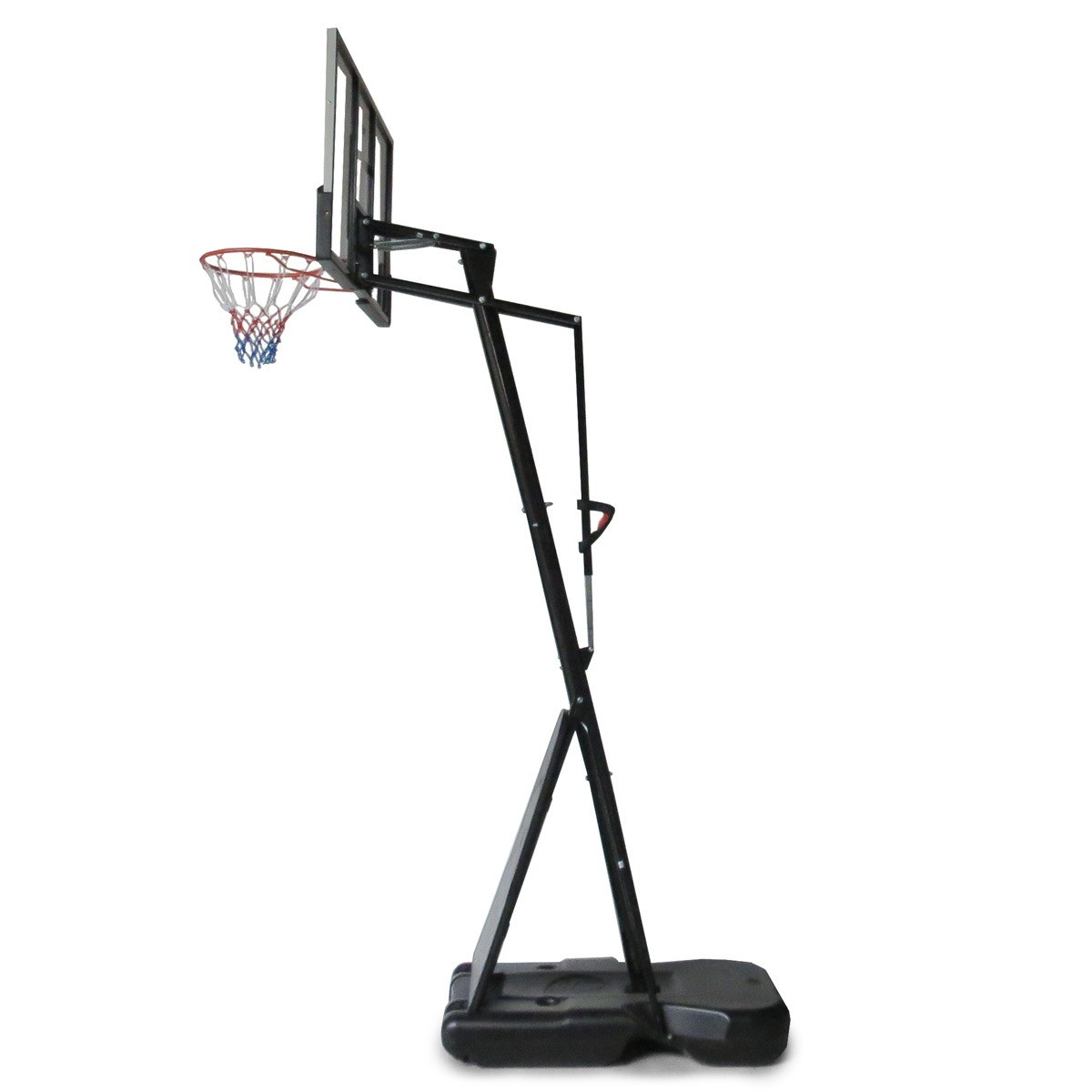 Black basketball hoop with a clear backboard and net, set against a white background.