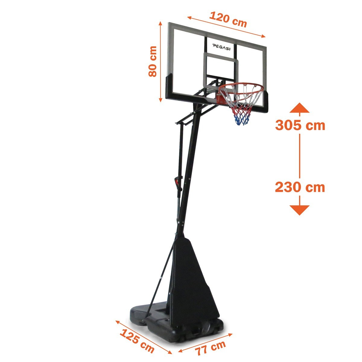 A basketball hoop with a black base, a black pole, and a rectangular backboard. The backboard has dimensions marked.