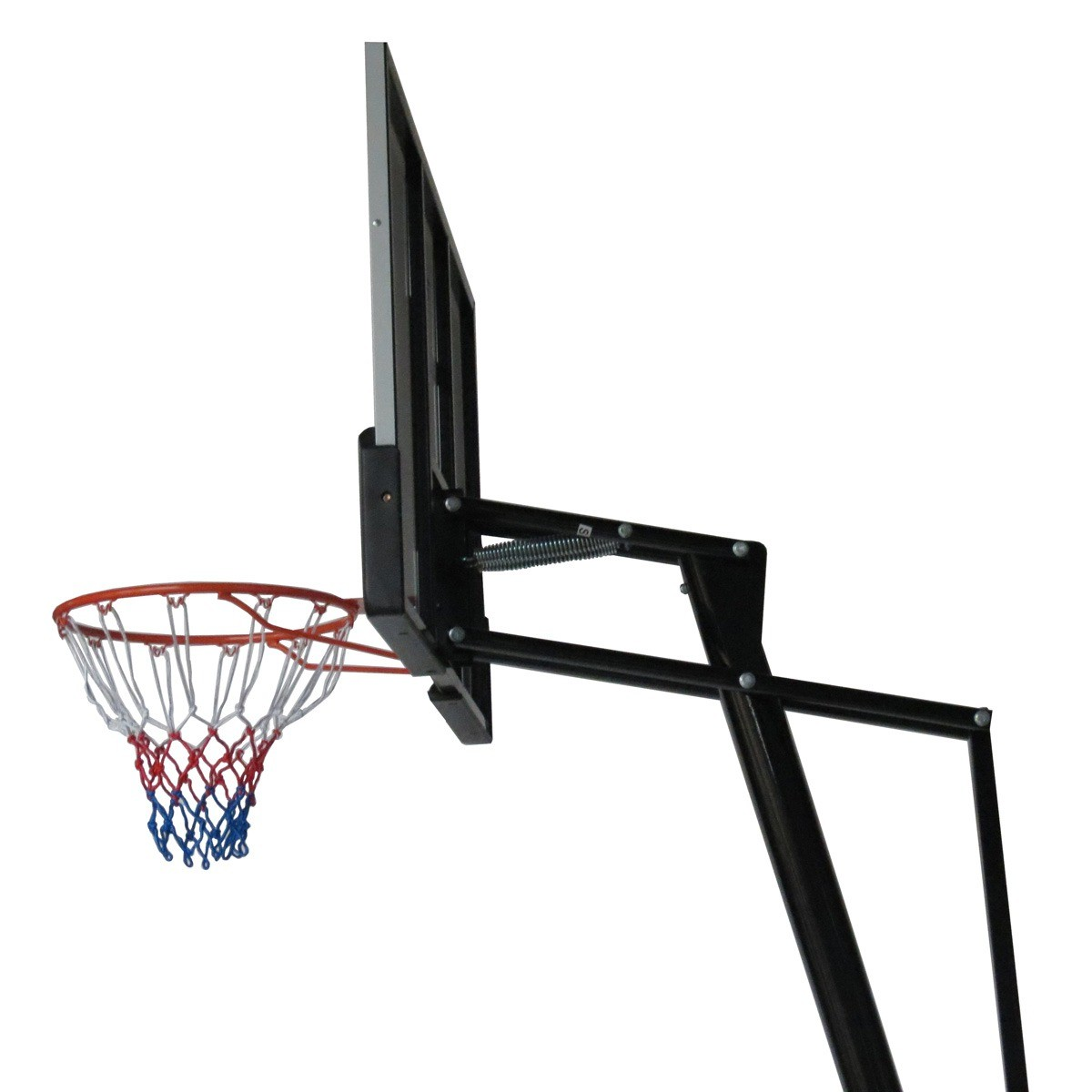 A basketball hoop on a white background. The hoop has a net with red, white, and blue colors.