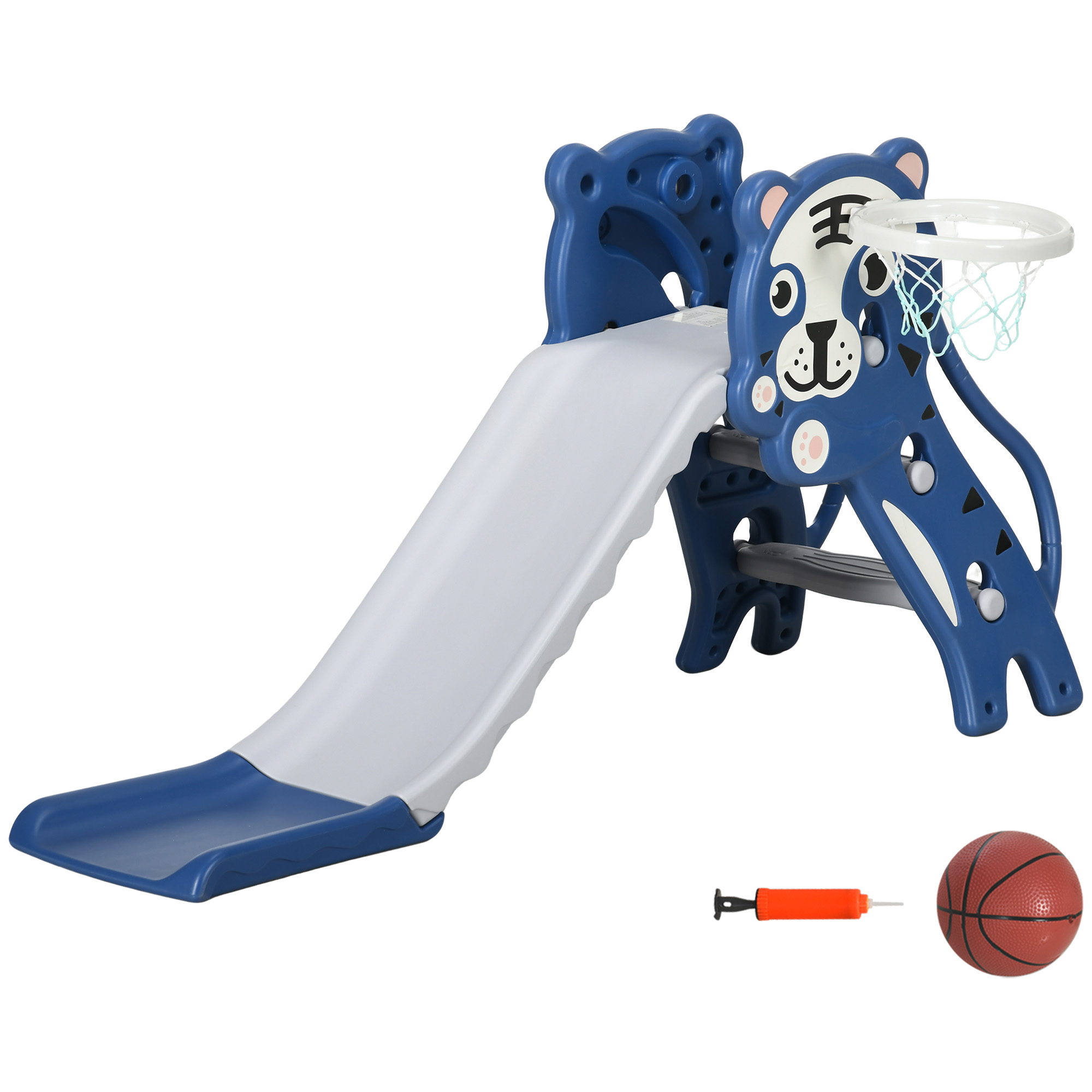 Uno scivolo blu a forma di tigre con canestro da basket, palla e pompa. Superficie bianca. Sfondo bianco.