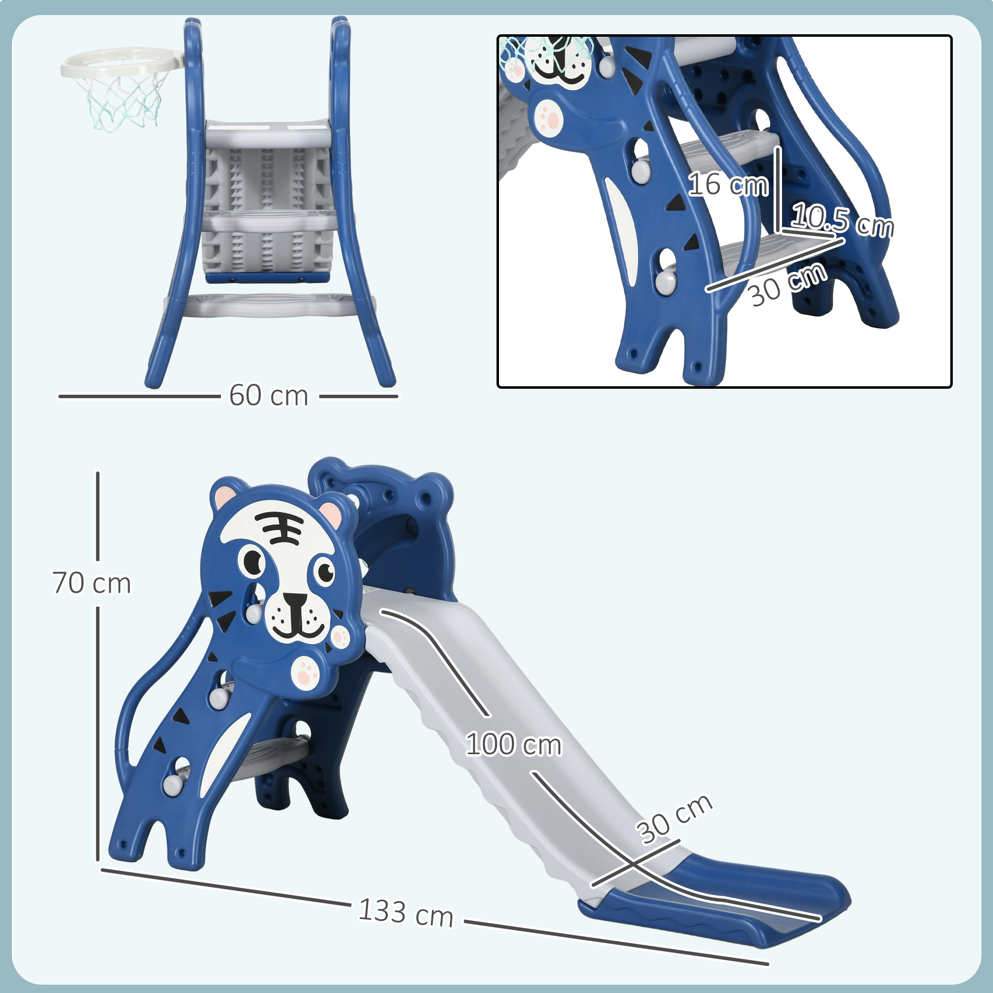 Uno scivolo in plastica blu con faccia di tigre, canestro da basket e scale. Dimensioni etichettate.