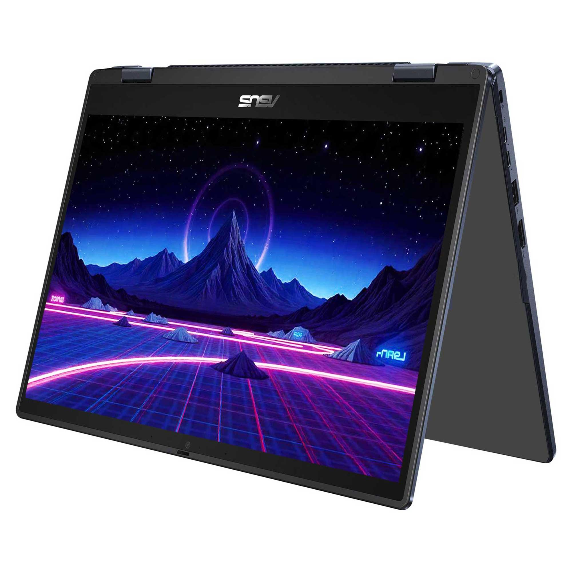 Fütüristik bir manzara gösteren ekranlı bir dizüstü bilgisayar. Ekran açık. Asus logosu görünür durumda.