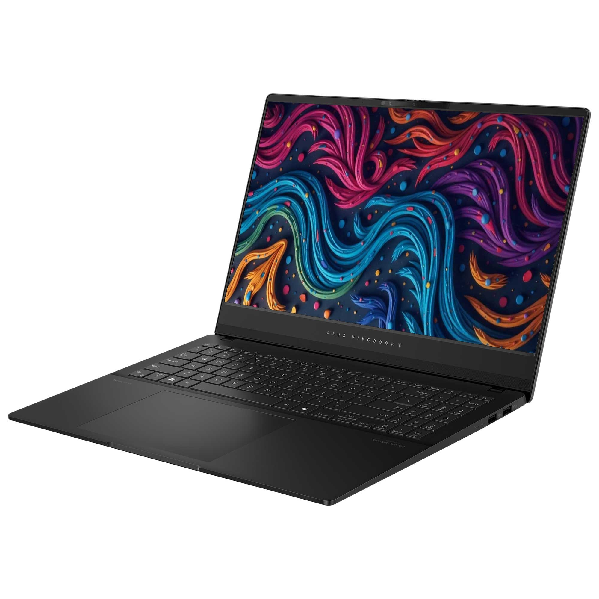 Siyah dizüstü bilgisayar, ekranda renkli soyut tasarım, klavye görünüyor. ASUS Vivobook modeli.