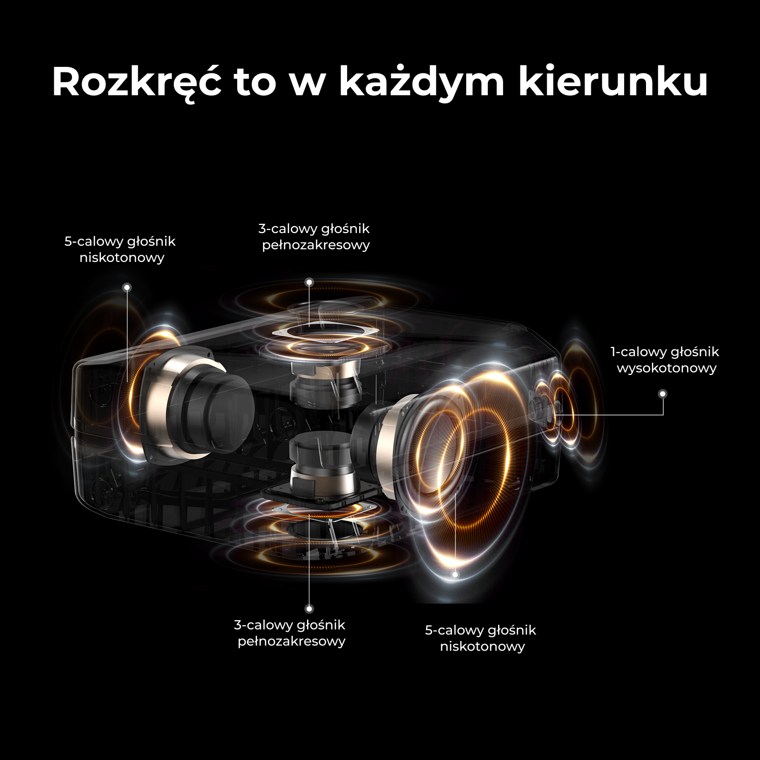 Schemat systemu głośnikowego z etykietami. Pokazuje różne komponenty głośników w przezroczystej obudowie, z adnotacjami tekstowymi.