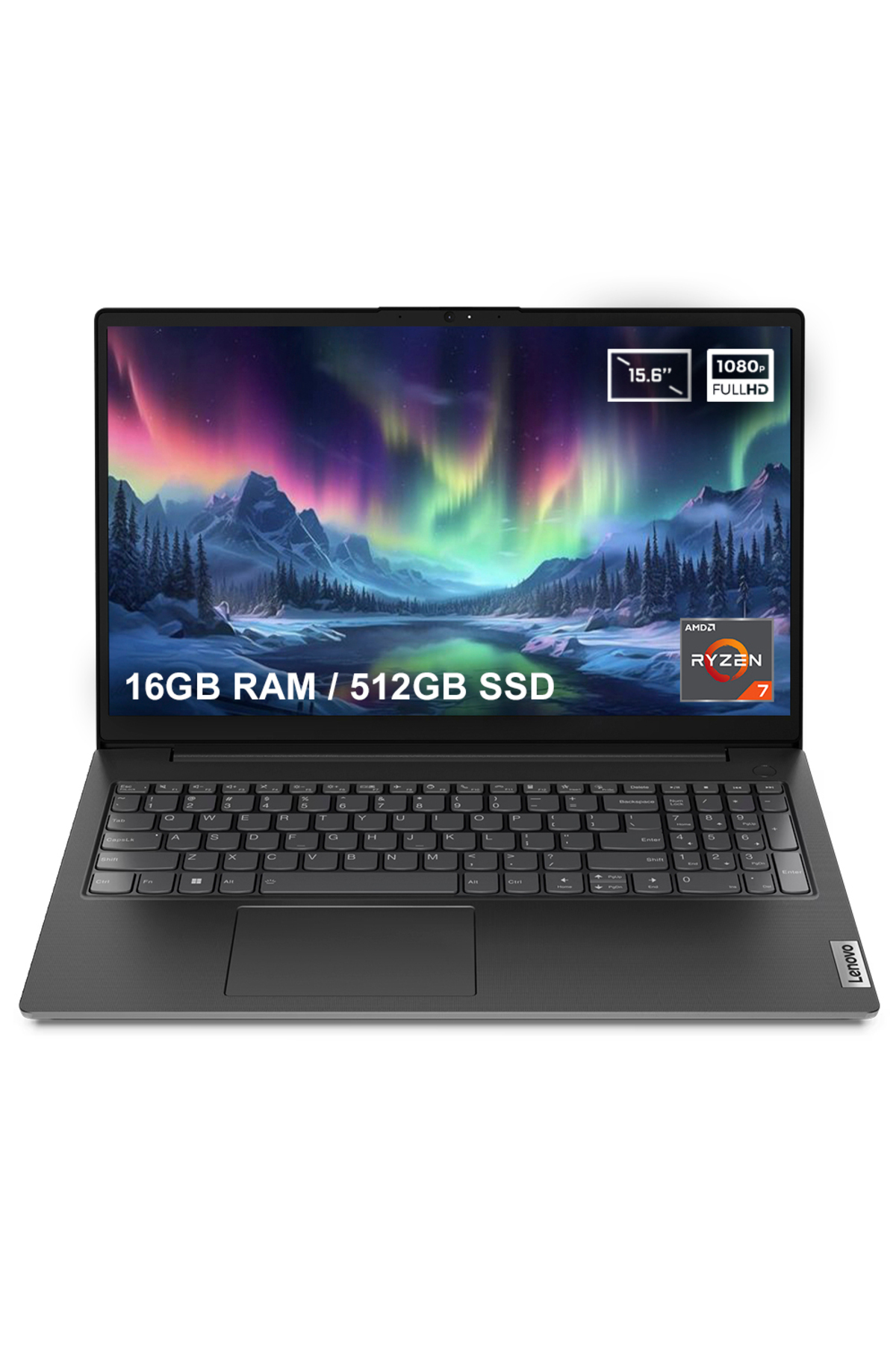 Bir Lenovo dizüstü bilgisayar, kuzey ışıkları manzarası gösteriyor. Özellikler: 16 GB RAM, 512 GB SSD ve Ryzen 7 işlemci.