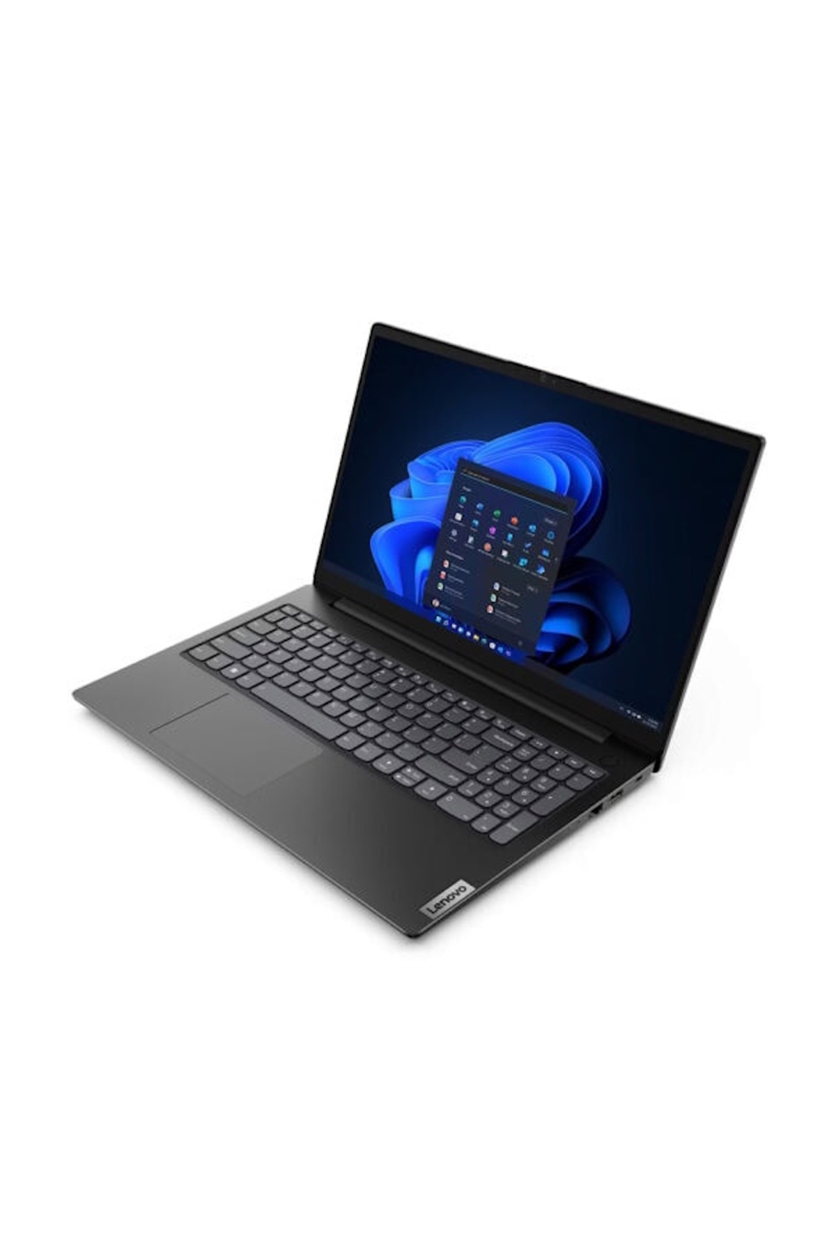 Bir Lenovo dizüstü bilgisayar açık, Windows 11 arayüzünü gösteriyor. Klavye ve ekran görünür, beyaz bir arka plan üzerinde.