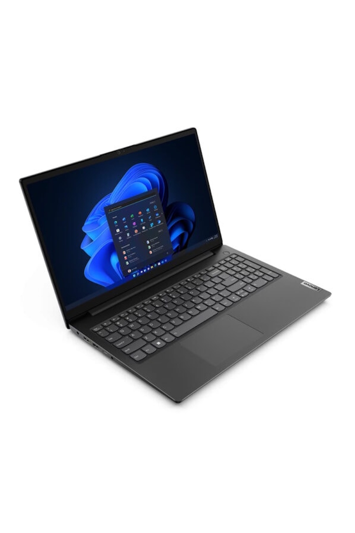 Beyaz bir yüzeyde bir Lenovo dizüstü bilgisayar. Ekran, mavi soyut arka planla Windows arayüzünü görüntüler.