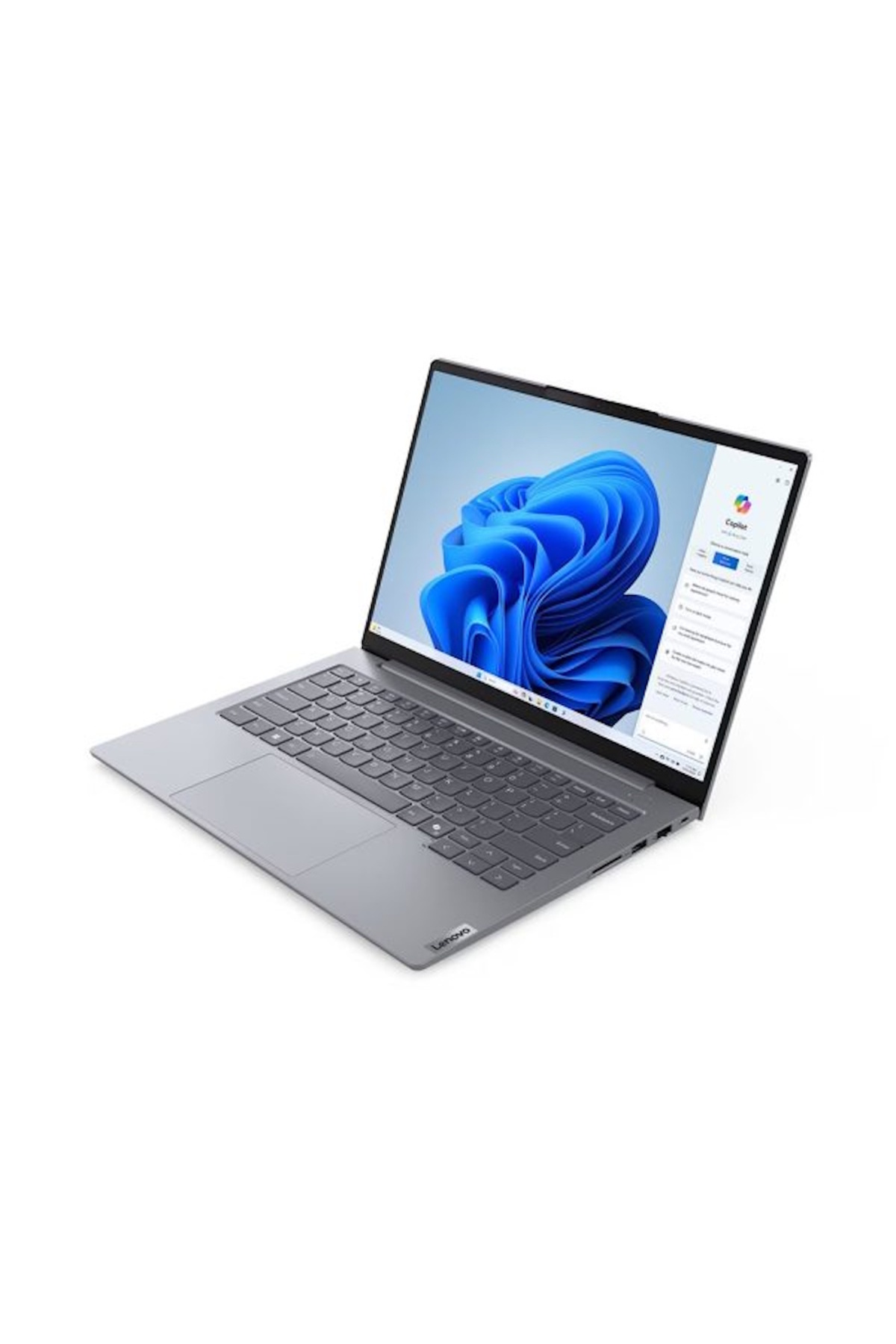 Gri bir Lenovo dizüstü bilgisayar açık, ekranda mavi soyut bir görüntü gösteriyor, beyaz bir arka plan üzerinde.
