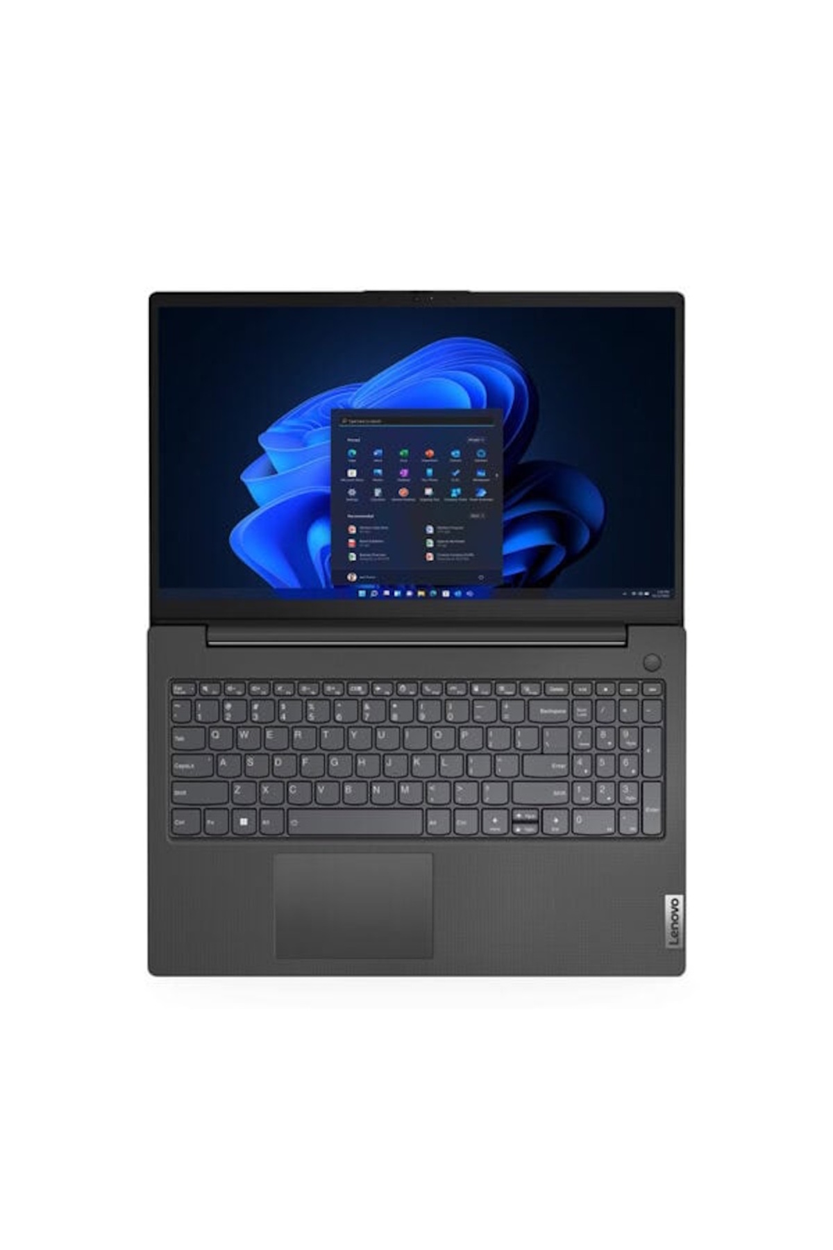 Bir Lenovo dizüstü bilgisayar açık, Windows 11 arayüzü gösteriyor. Klavye ve dokunmatik yüzey görünür. Arka plan beyaz.