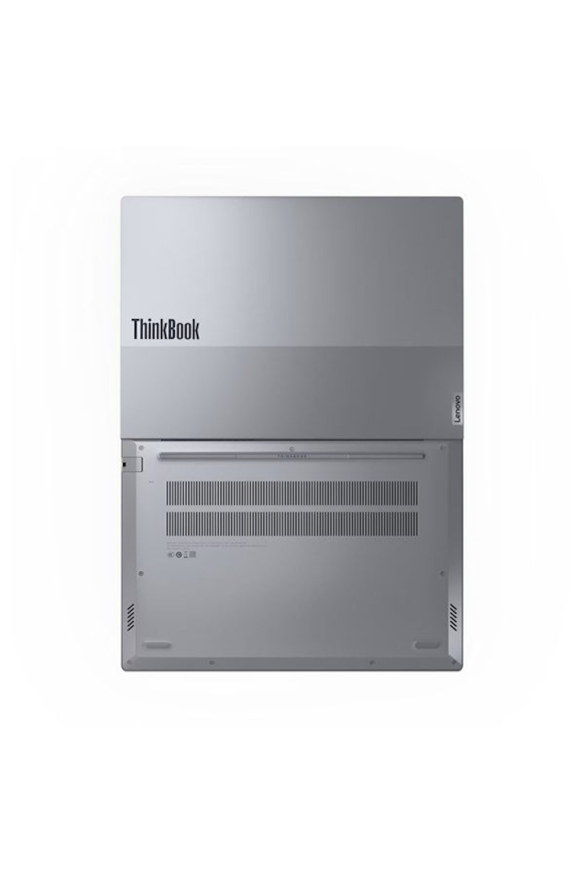Arkadan bir gümüş ThinkBook dizüstü bilgisayar. Lenovo logosu yanda, ThinkBook logosu üstte.