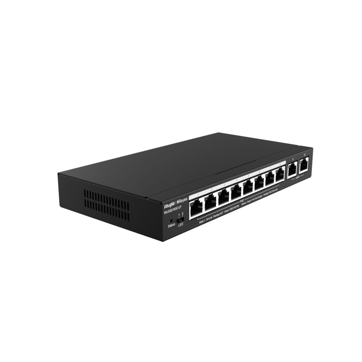 Uno switch di rete nero con più porte su sfondo bianco. Ha etichette e luci.