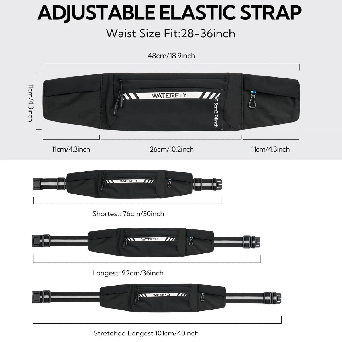 Cinturino elastico regolabile nero con logo 'WATERFLY'. Mostra diverse misure, con misure in cm/pollici, per misure di vita da 28 a 36 pollici.