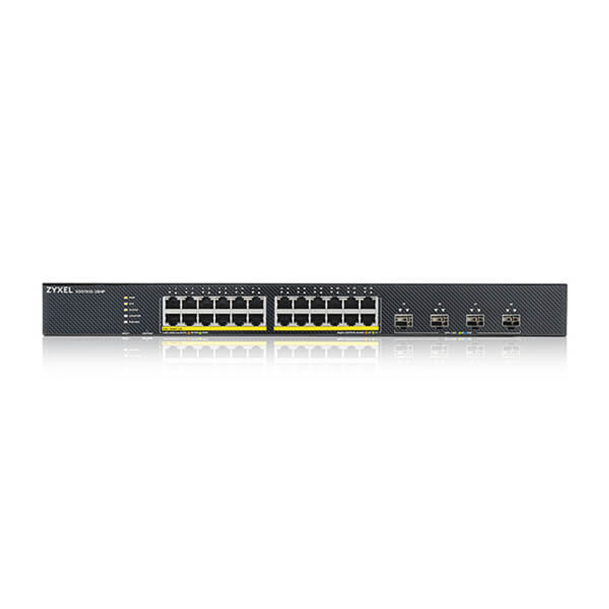 Uno switch di rete Zyxel con molte porte. Cassa nera, porte gialle e varie spie luminose visibili sul pannello frontale.