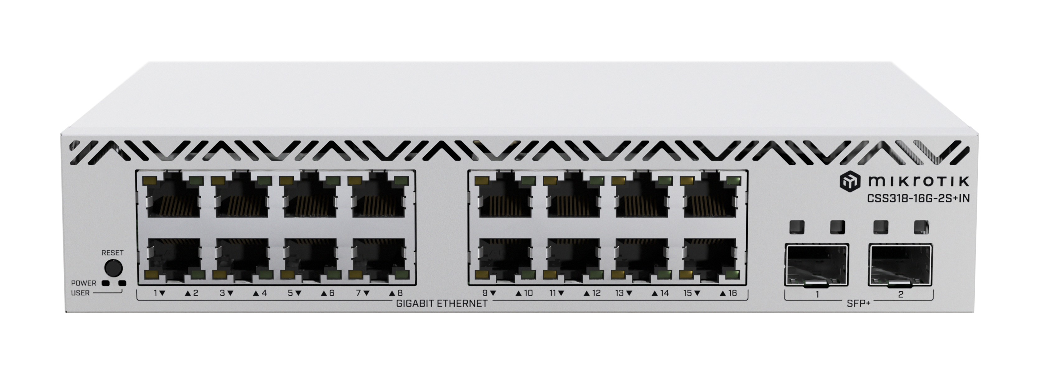 Un switch Mikrotik blanco con múltiples puertos Ethernet y SFP+, numerados, sobre un fondo negro.
