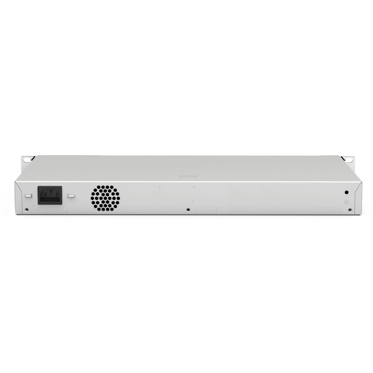 Uno switch di rete argentato è centrato su uno sfondo bianco. Ha una porta di alimentazione, una ventola e fori per viti.