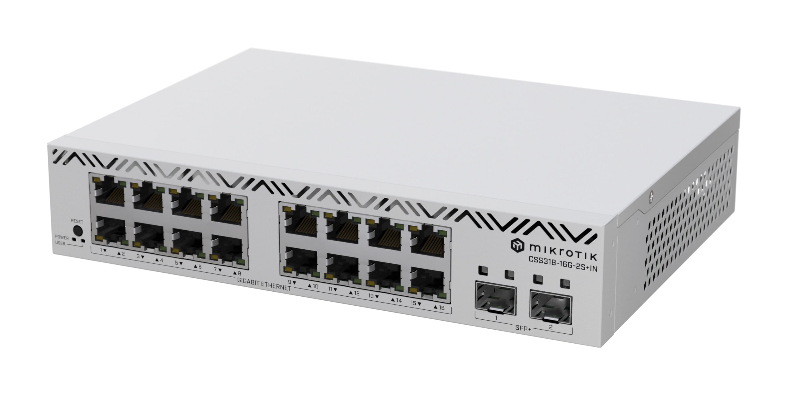 Switch Mikrotik blanco con múltiples puertos Ethernet, puertos SFP y botón de reinicio. Gigabit Ethernet está etiquetado.