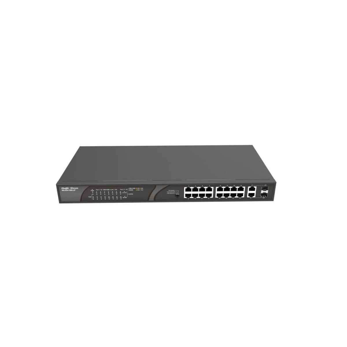 Un switch de red gris con múltiples puertos sobre un fondo blanco. Tiene varias luces y etiquetas.