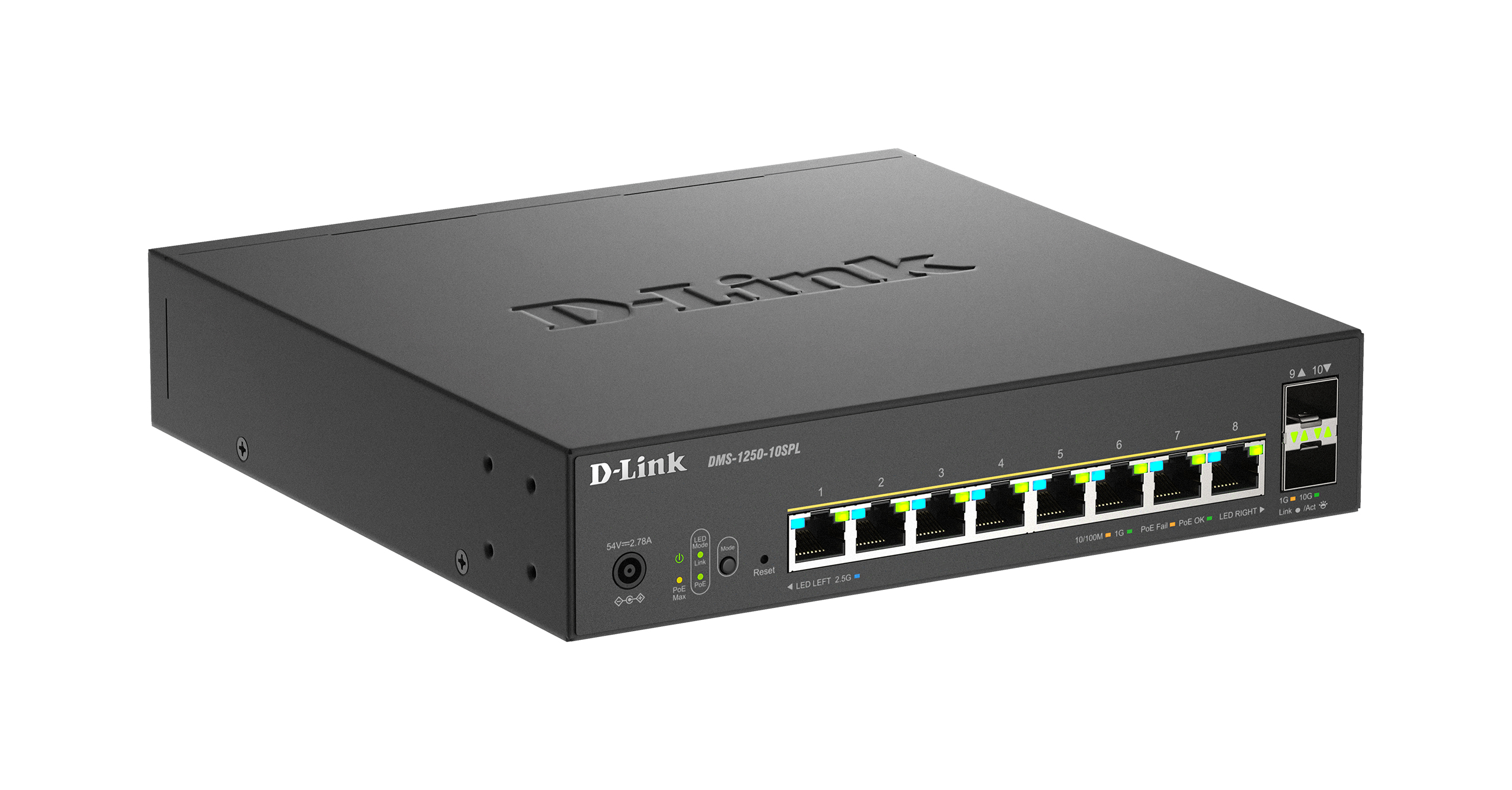Se muestra un switch de red D-Link. Es negro con múltiples puertos y LEDs. El nombre del modelo DMS-1250-10SPL es visible.