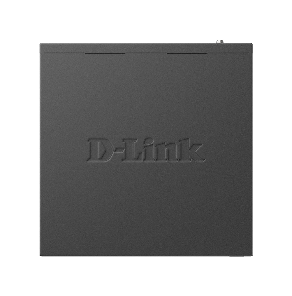Un switch de red D-Link gris oscuro. El logotipo de D-Link está grabado en la parte delantera. La parte superior tiene ranuras de ventilación. Fondo blanco.