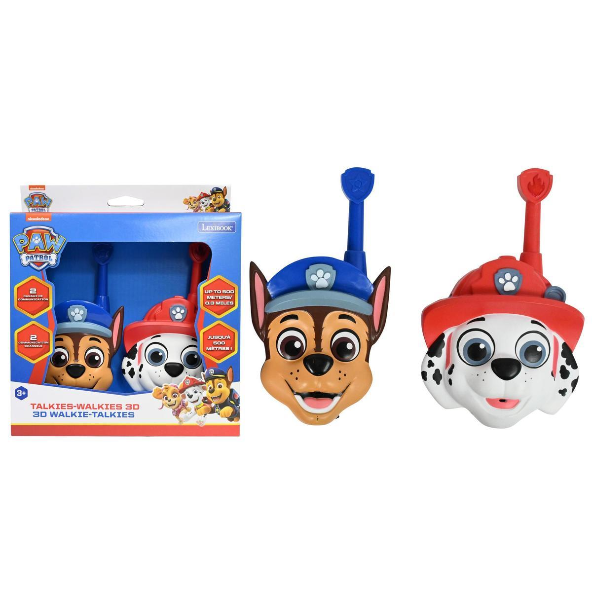 Walkie-talkies de la Patrulla Canina. Chase y Marshall, del programa, aparecen como caras de walkie-talkie. Una caja está en el fondo.