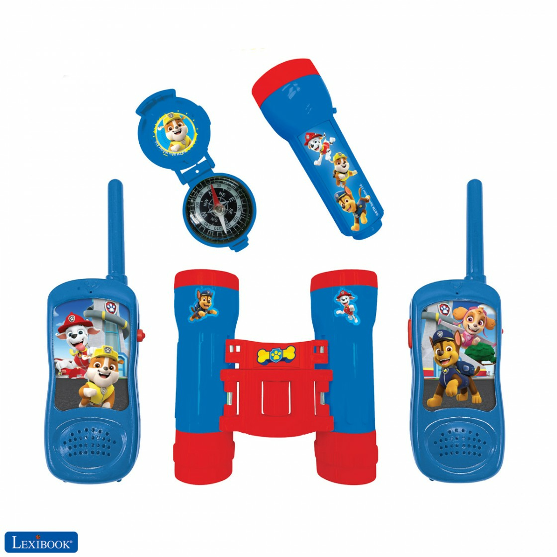 Paw Patrol Spielzeug: Fernglas, Walkie-Talkies, Kompass und Taschenlampe. Blau und rot. Charaktere sind auf jedem Spielzeug abgebildet.