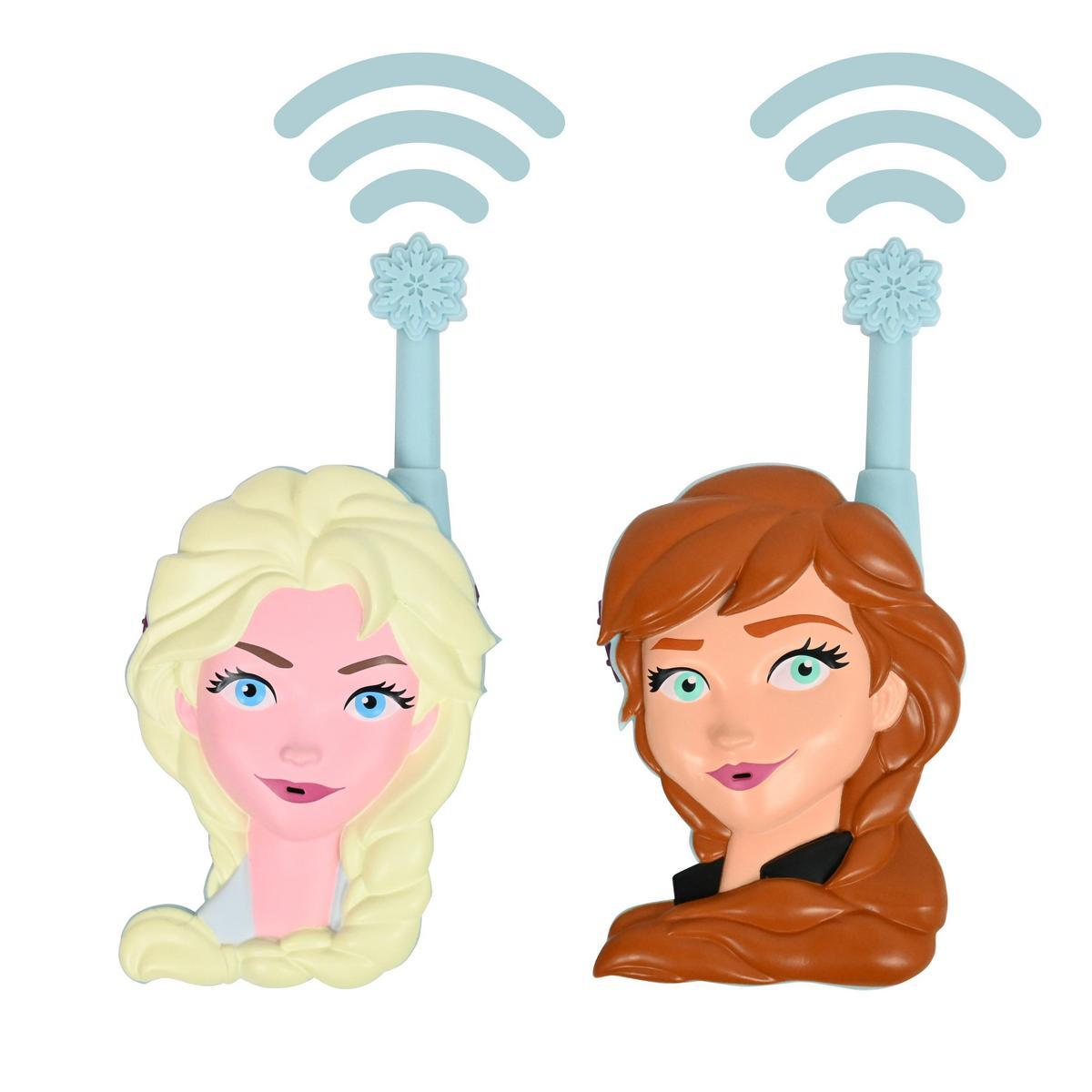 Dos figuras de juguete de personajes de Disney, Elsa y Anna, con estructuras tipo antena sobre ellas.