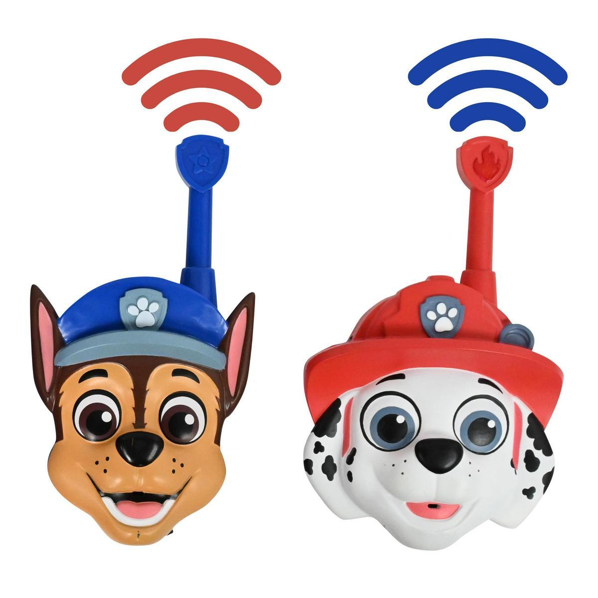 Dos walkie-talkies de la Patrulla Canina. Chase en azul y Marshall en rojo. Cada uno tiene una antena que emite señales.
