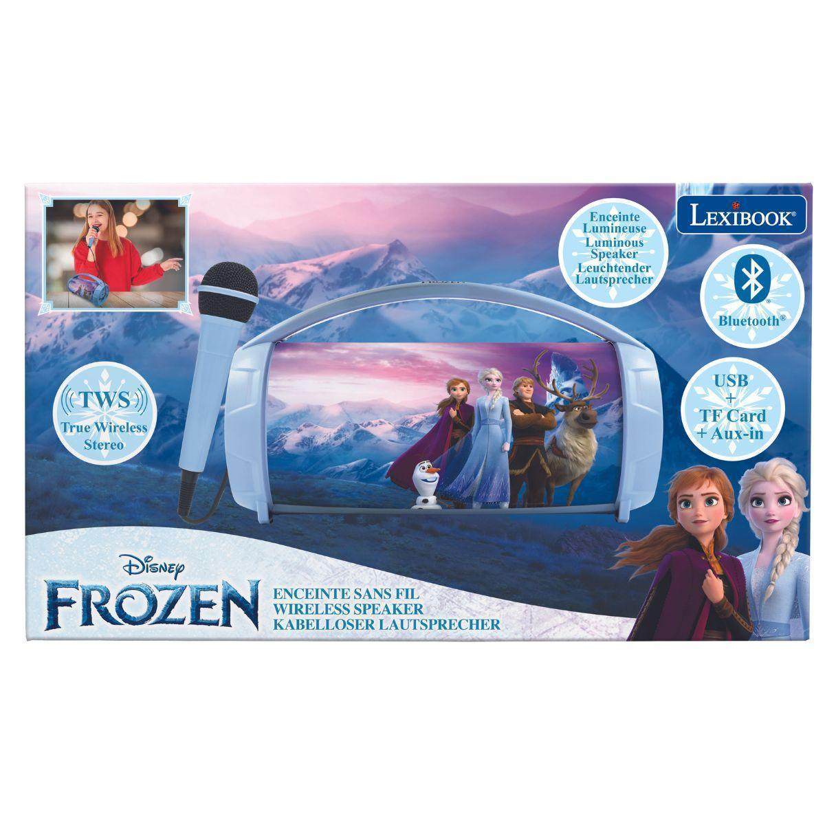 Altavoz Frozen con personajes y micrófono. Incluye Bluetooth, USB y tarjeta TF. La caja tiene un fondo de montaña.