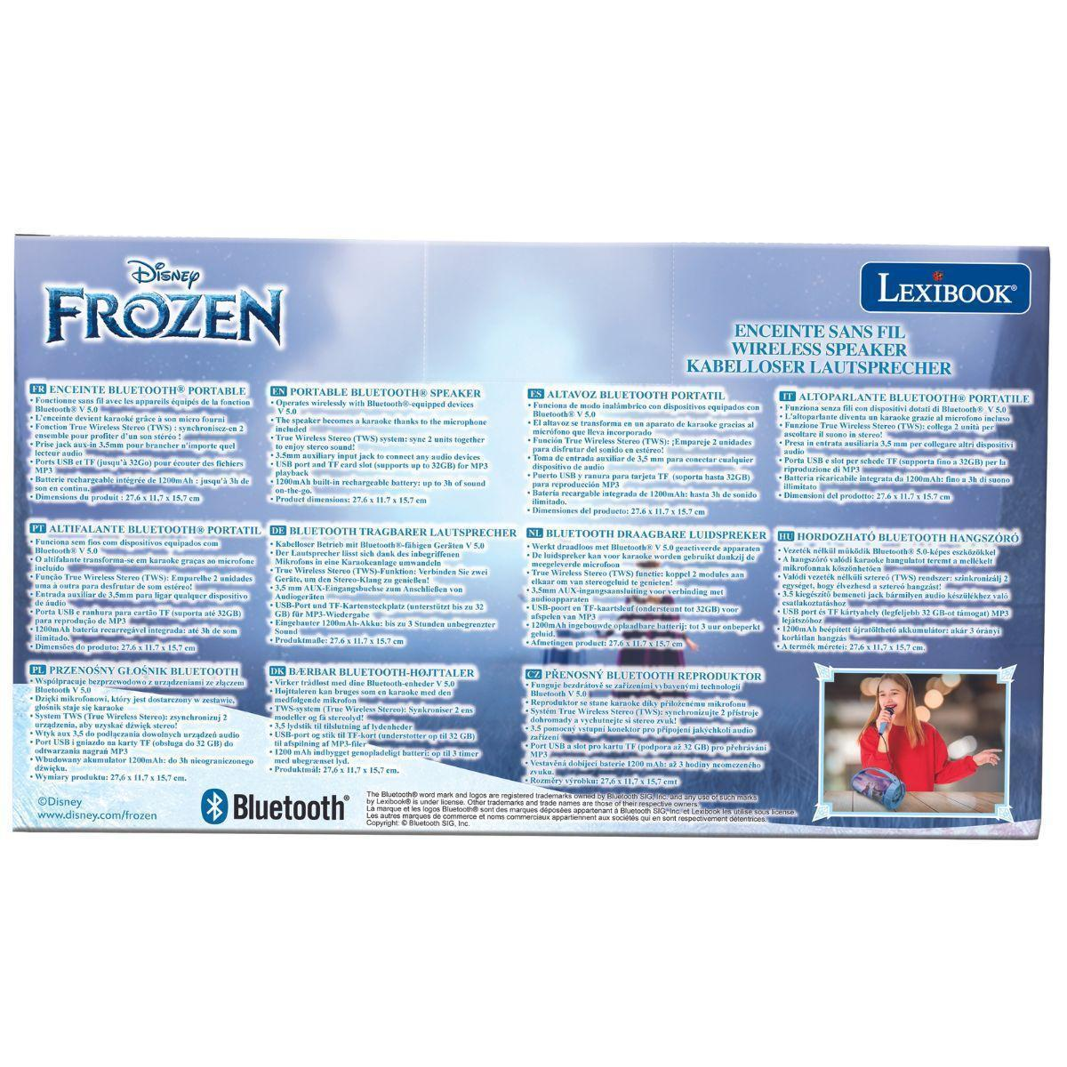 Un altavoz Disney Frozen blanco y azul, con texto en varios idiomas y una imagen de Elsa.