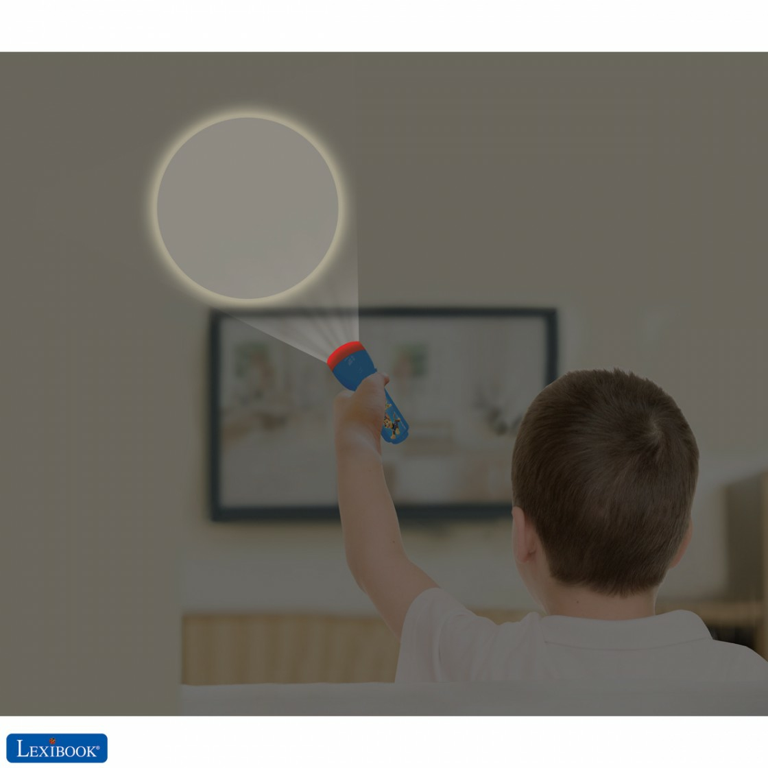Ein Kind hält eine blaue Taschenlampe, die einen Lichtkreis auf eine Wand projiziert. Der Rücken des Kindes ist dem Betrachter zugewandt.