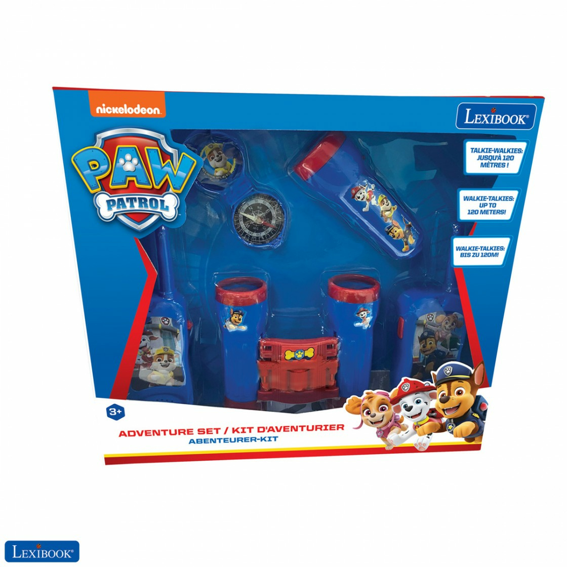 Ein Paw Patrol Abenteuerspielset. Enthält Walkie-Talkies, einen Kompass und andere Spielzeuge. Blaue und rote Farben dominieren die Verpackung.