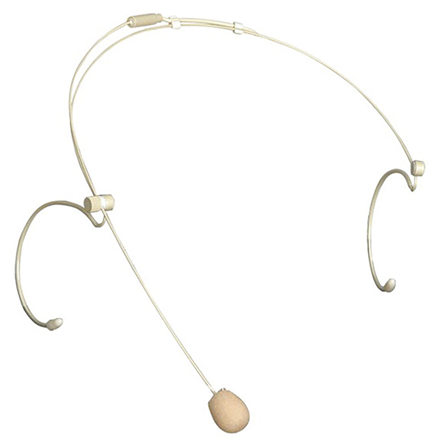Un micrófono de auriculares beige. Tiene un bucle para la cabeza, soportes para los oídos y un micrófono que cuelga frente a la boca.