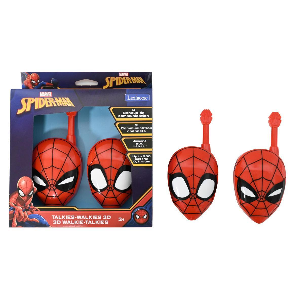 Los walkie-talkies de Spider-Man son rojos con ojos negros. La caja muestra a Spider-Man y texto sobre canales de comunicación y alcance.
