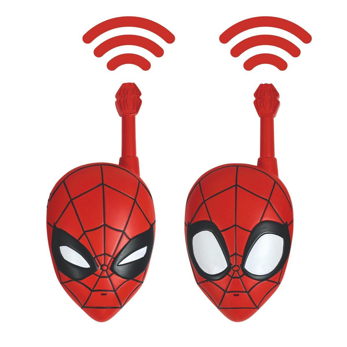 Dos walkie-talkies rojos de Spider-Man. Cada uno tiene un diseño de cara con líneas de telaraña negras y antena. Encima de cada uno hay un símbolo de señal roja.