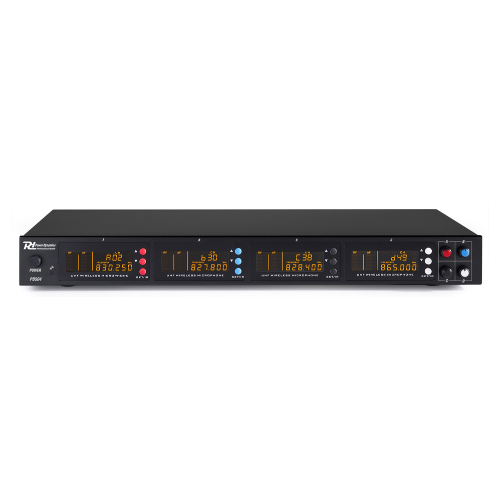 A black audio receiver with multiple digital displays showing frequencies and channel info. Buttons and knobs are visible.