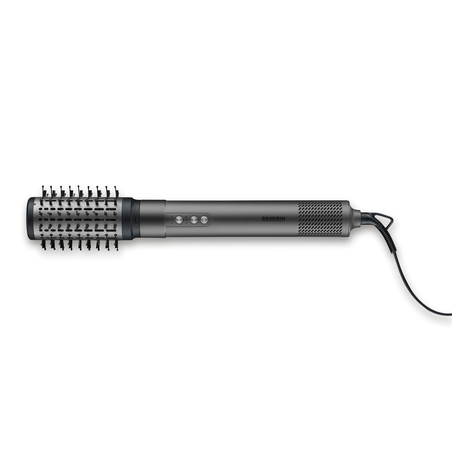 Szara szczotka do stylizacji włosów leży poziomo na ciemnym tle. Ma cylindryczną głowicę szczotki i uchwyt z przyciskami.